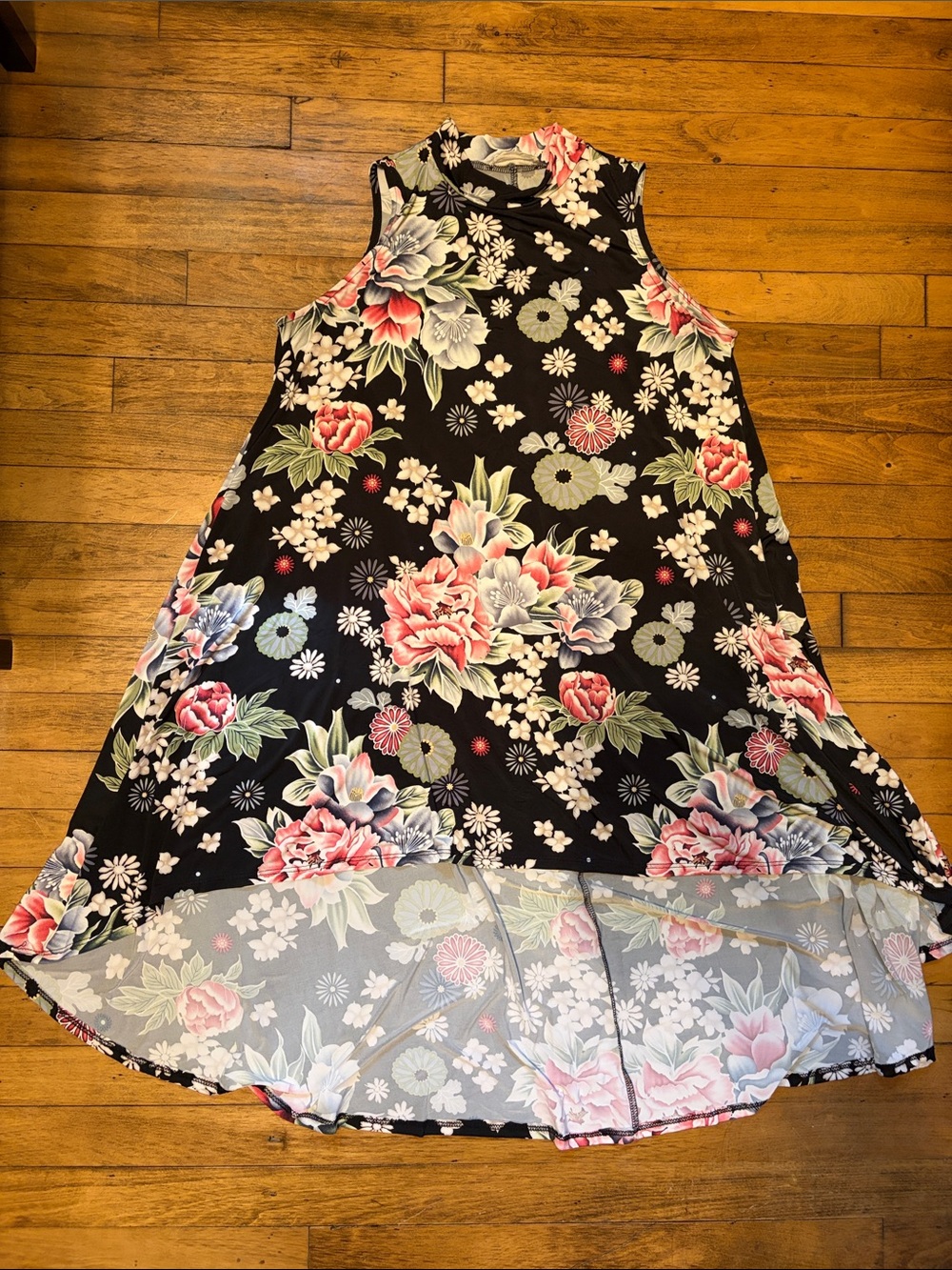 Women’s Floral Swing Dress - Black with Pink, White, Blue and Green Flowers